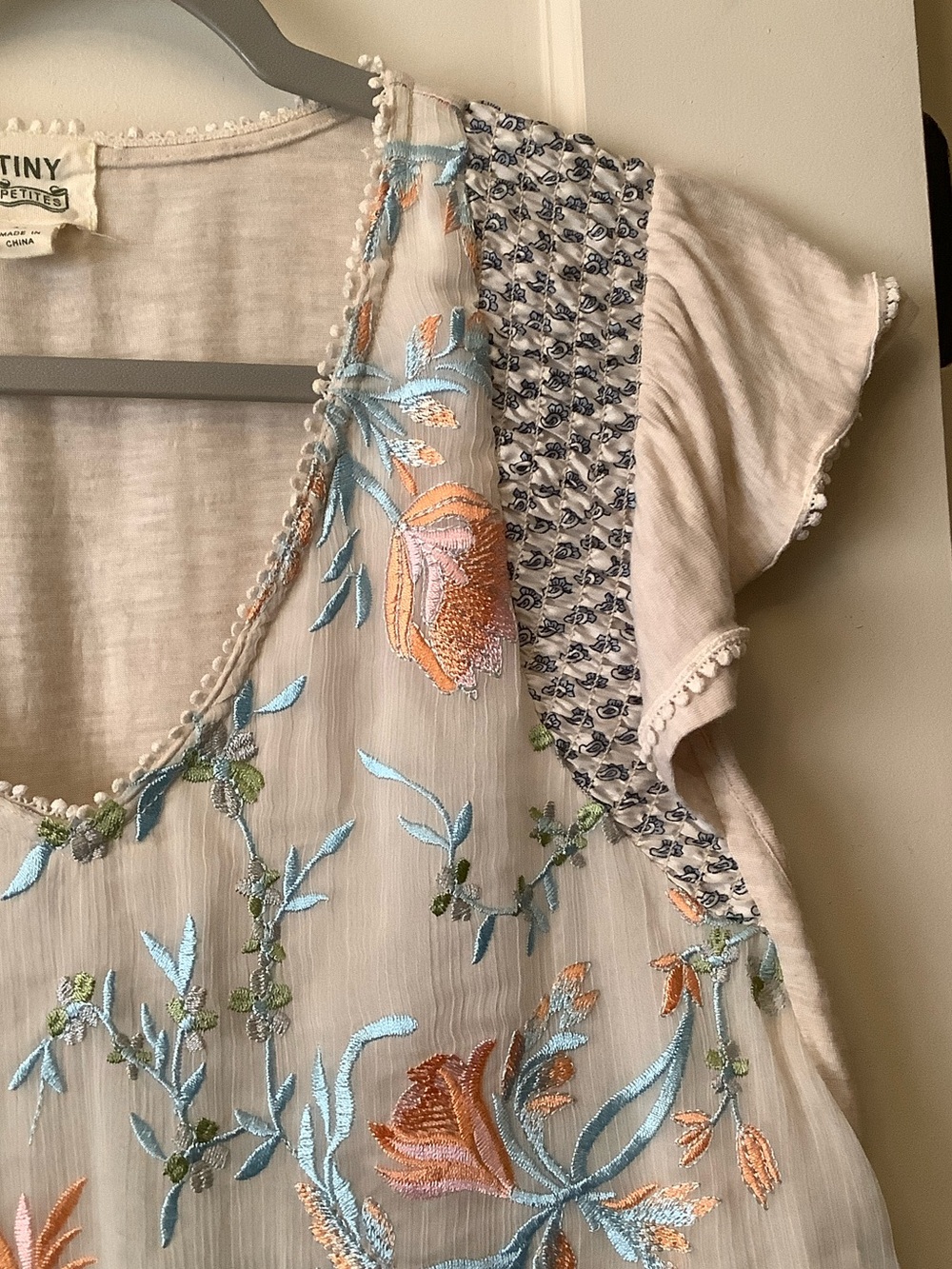 Anthropologie Floral Embroidered Flutter Sleeve Top - Picture 3 of 7